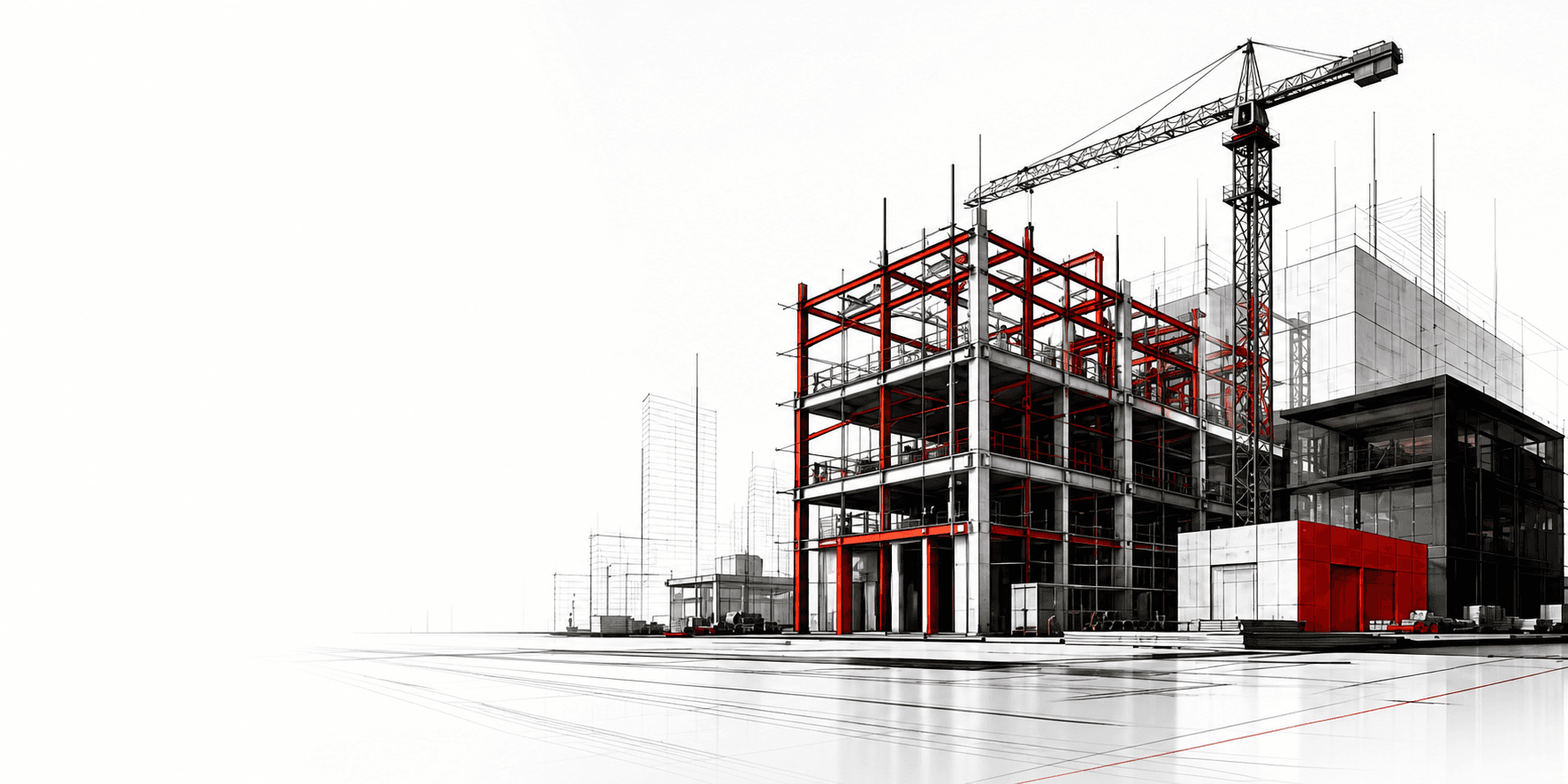 Industrial construction structure with red steel beams